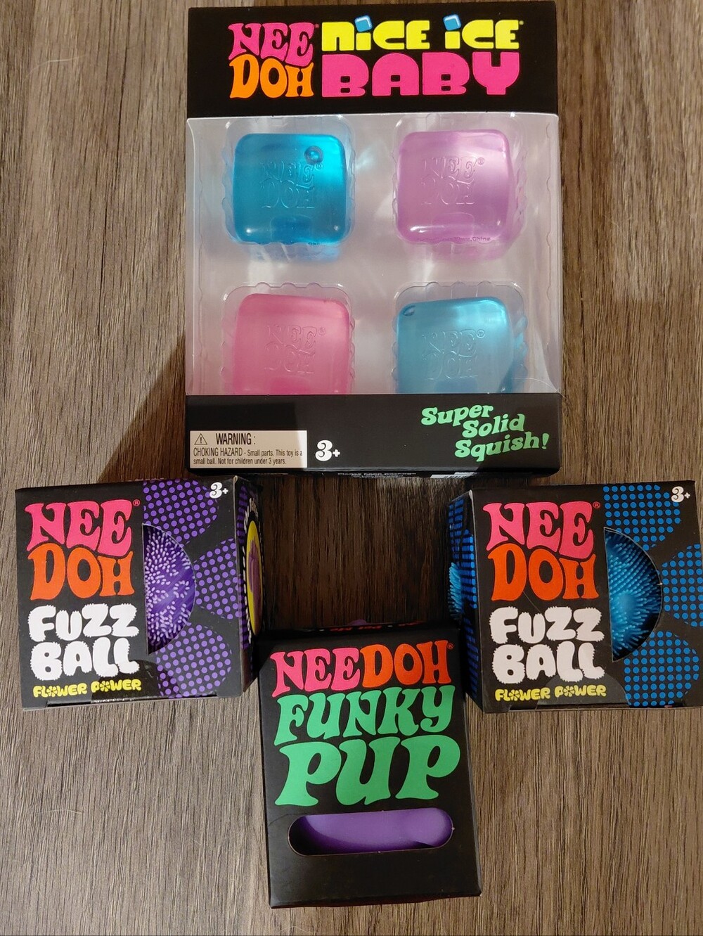 Needoh Squishy Lot Nice Ice Baby, Teal Funky Pup, 2 Fuzz Balls Fidget Stress
